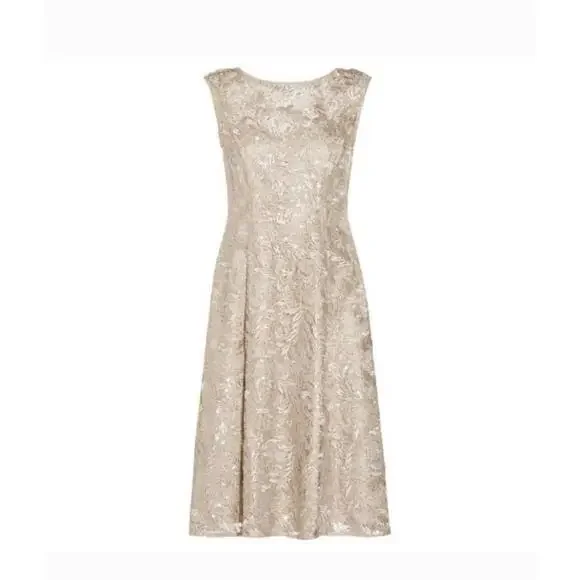 Adrianne Papell Taupe Embroidered Lace w/ Sequins Aline Fit/Flare Cocktail Dress - Picture 4 of 8